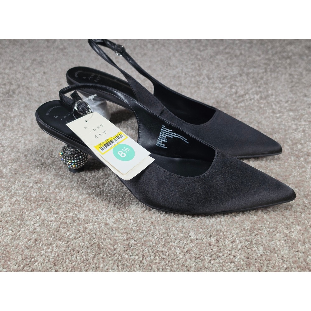 A New Day Simone Black Slingback Pumps Rhinestone Ball Kitten Heel 8.5 NEW